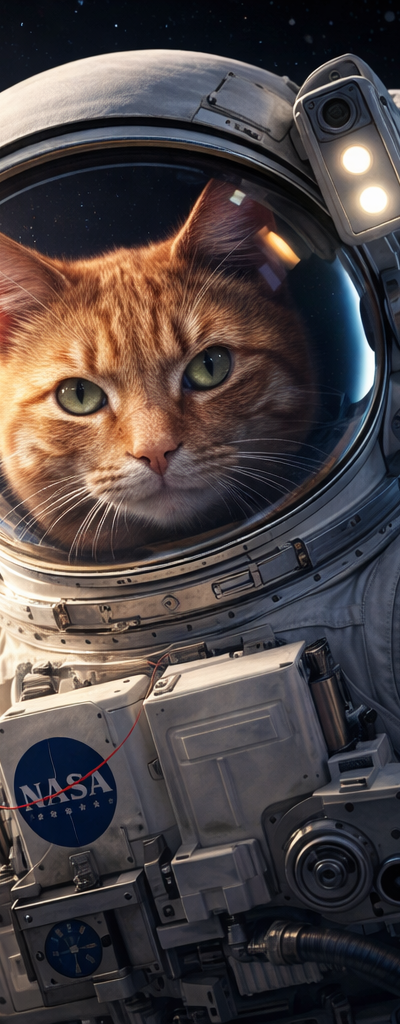 Transform this pet into a heroic astronaut in a NASA spacesuit, floating in outer space with Earth visible in the background, cinematic lighting, photorealistic