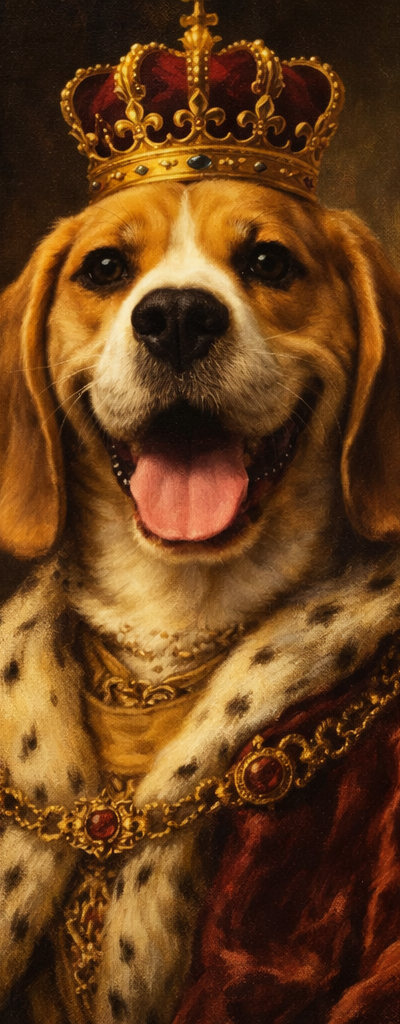 Transform this pet into a regal 18th-century royal portrait, wearing a golden crown and velvet robe with fur trim, oil painting style, ornate gilded frame, dramatic lighting