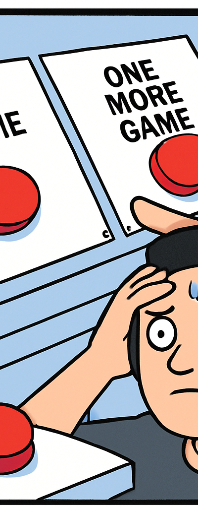 'Two buttons' meme format. A cartoon gamer sweating nervously with finger hovering over two red buttons. Button 1 labeled 'sleep on time'. Button 2 labeled 'one more game'. Classic internet meme style, simple flat illustration.