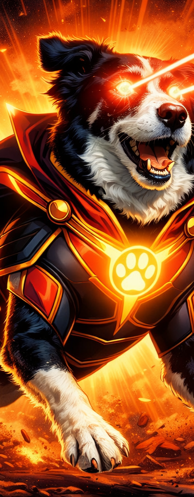 Transform this pet into a superhero with a sleek custom costume, dramatic cape, glowing emblem on chestlaser eyes, dynamic heroic pose, comic book style with cinematic lighting, vibrant colors