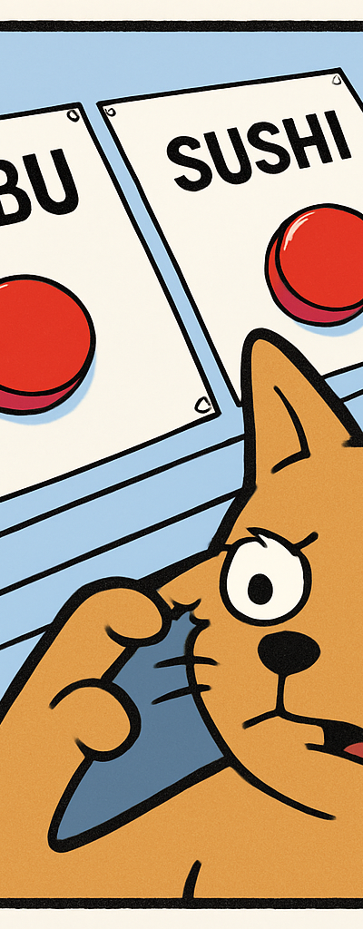 'Two buttons' meme format. A cartoon cat sweating nervously with finger hovering over two red buttons. Button 1 labeled 'Shabu'. Button 2 labeled 'Sushi'. Classic internet meme style, simple flat illustration.