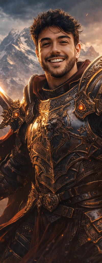 Transform this person into an epic fantasy warrior wearing ornate battle armor, holding a sword, dramatic mountainous battlefield background, dynamic heroic pose, cinematic lighting, highly detailed